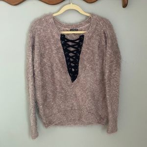 Express Fuzzy Lace Up Sweater XS